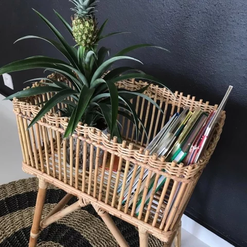 porte revues vintage - porte revues bohème - porte revues rotin - jardiniere vintage - jardiniere à pied rotin