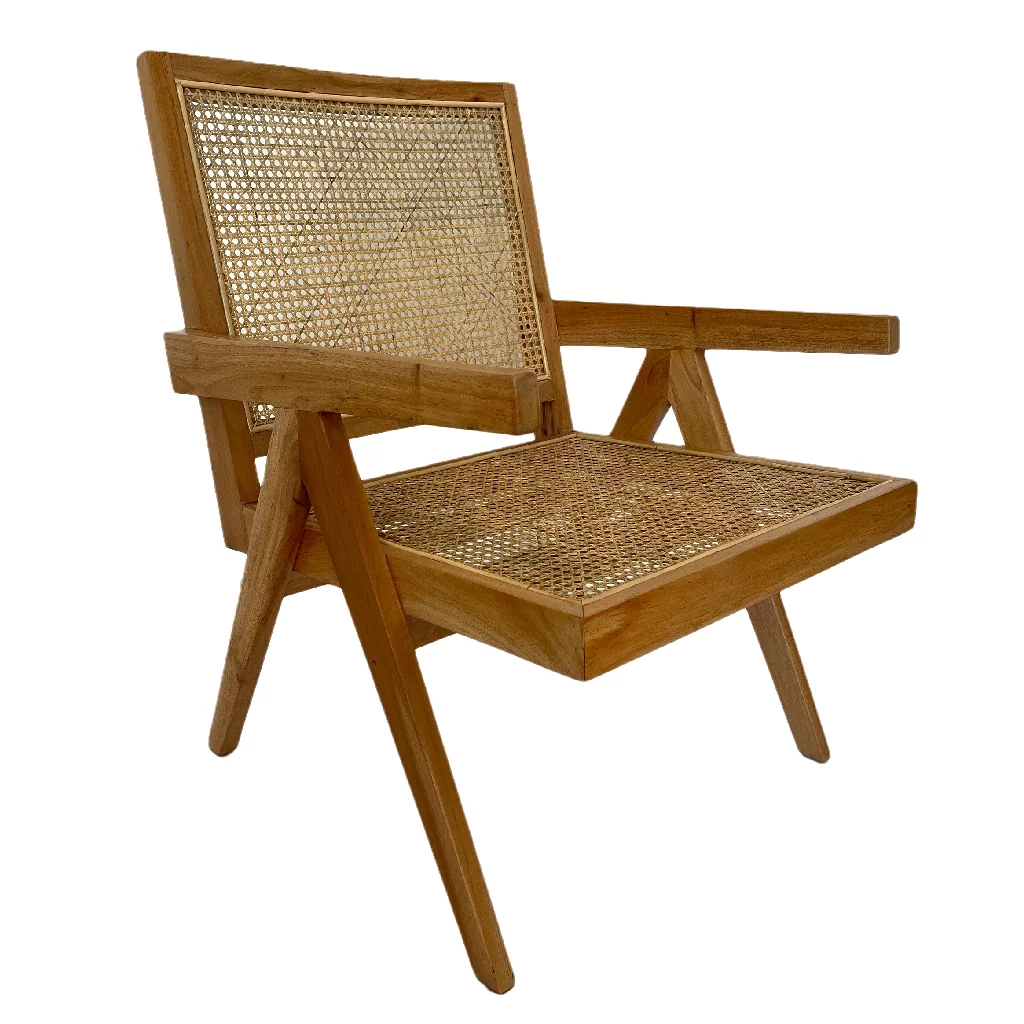 Chaise en teck avec accoudoirs et cannage. Inspiration Pierre Jeanneret