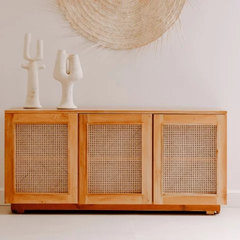 Buffet de rangement 3 portes en rotin cannage et bois acajou 2