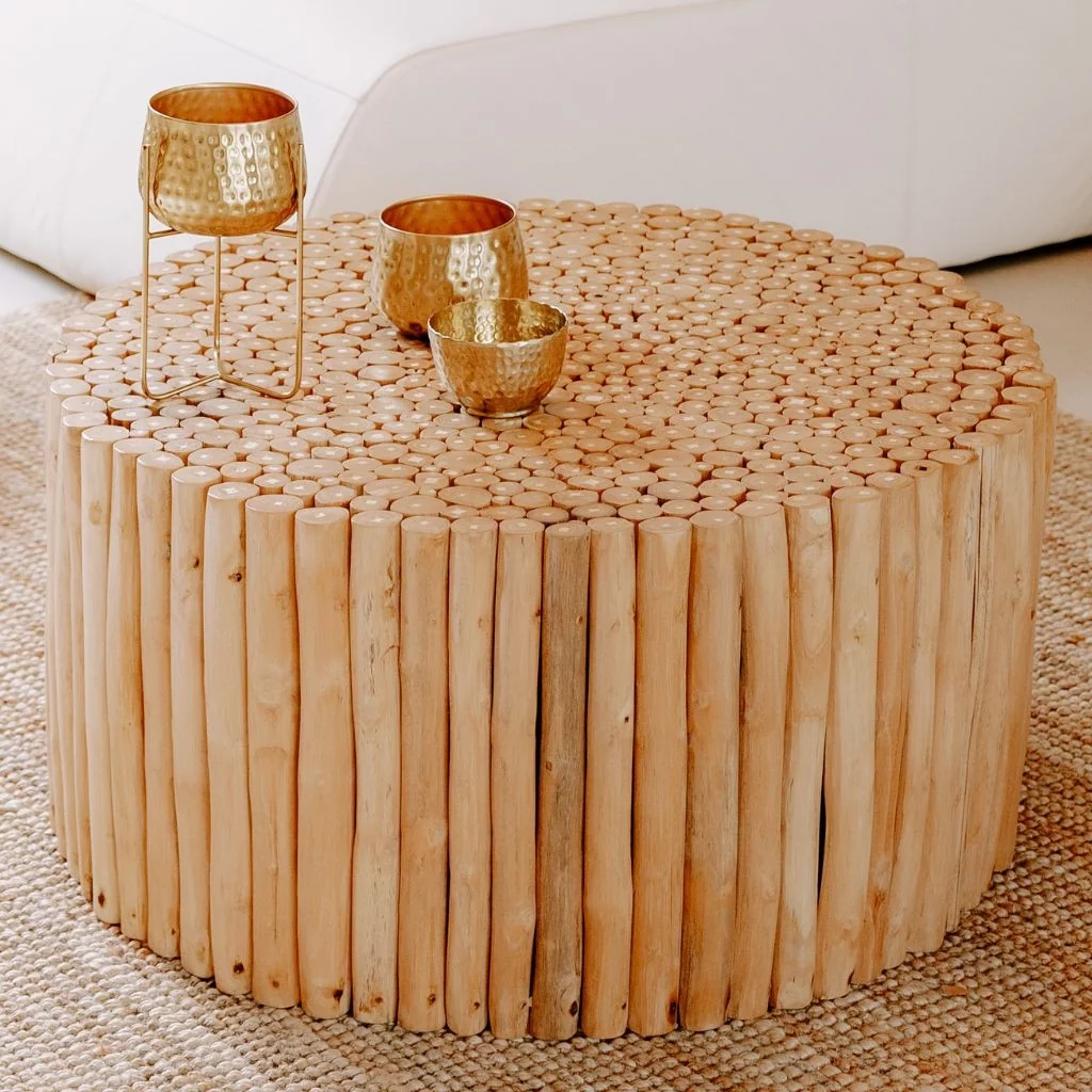 Grande table basse ronde en rondin de bois teck
