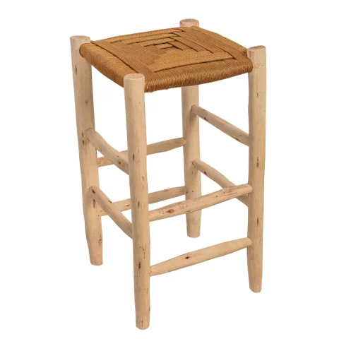 Tabouret haut de bar en bois et corde camel