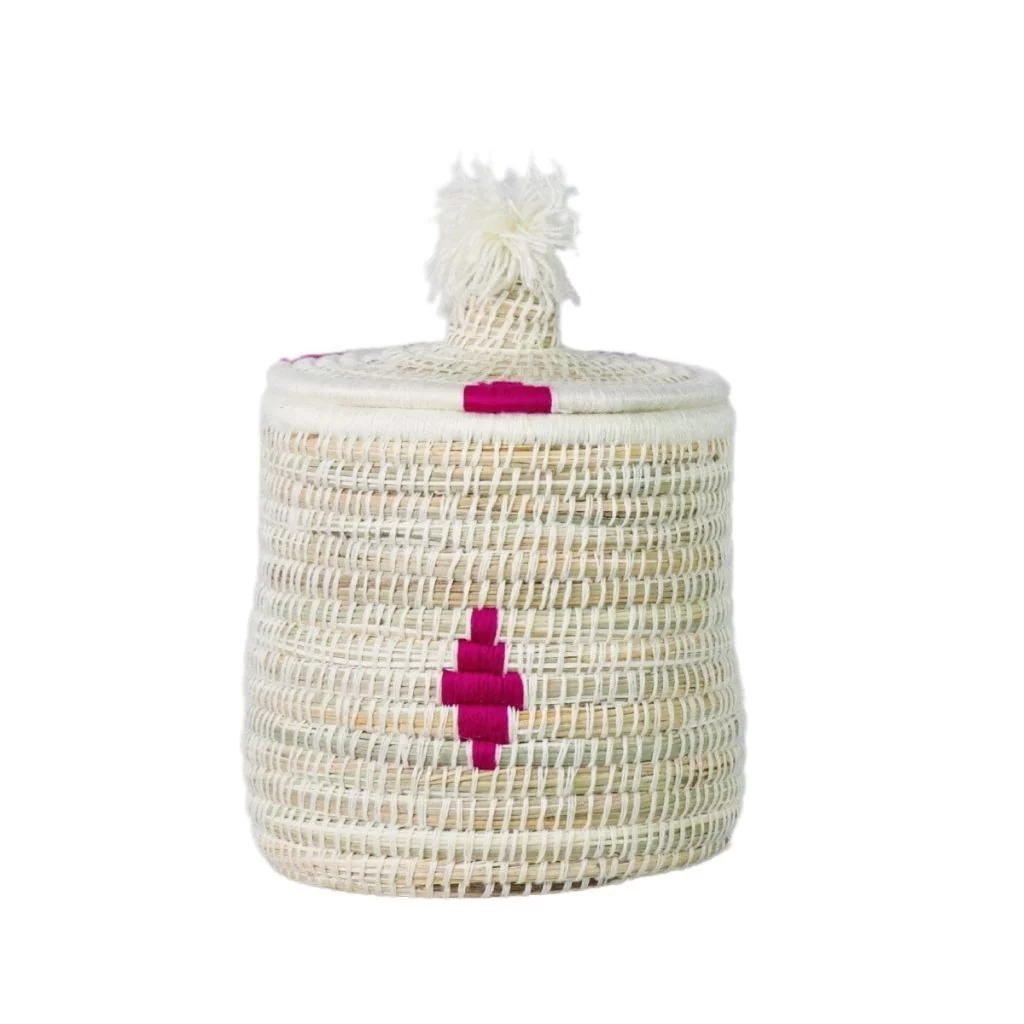 MALOU - Boîte berbère en laine et osier à motif rose