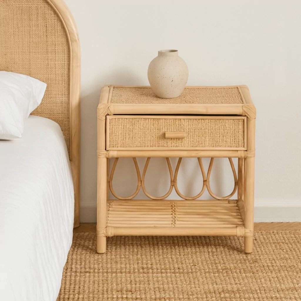 PRISCA - Table de chevet en rotin avec tiroir