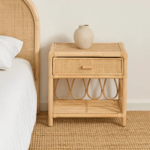 PRISCA - Table de chevet en rotin avec tiroir