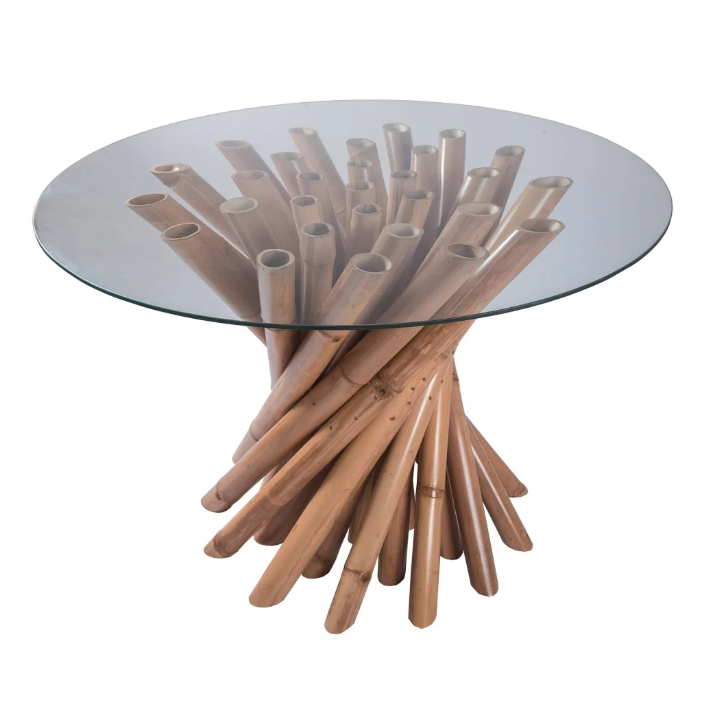 Table bambou - table ronde - table ronde bambou - table avec pied bambou - table avec plateau verre - Hydile