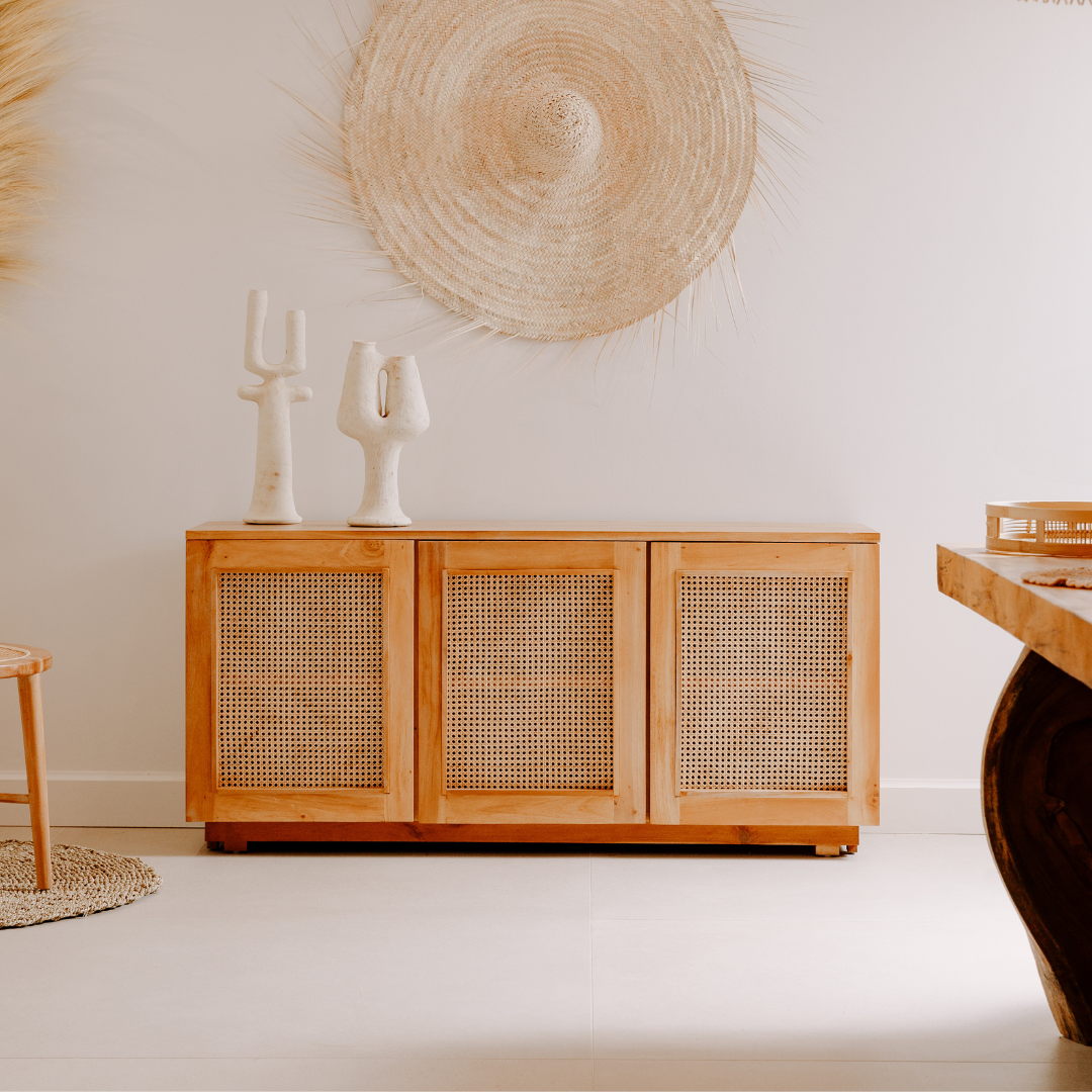 buffet de rangement en bois et cannage 