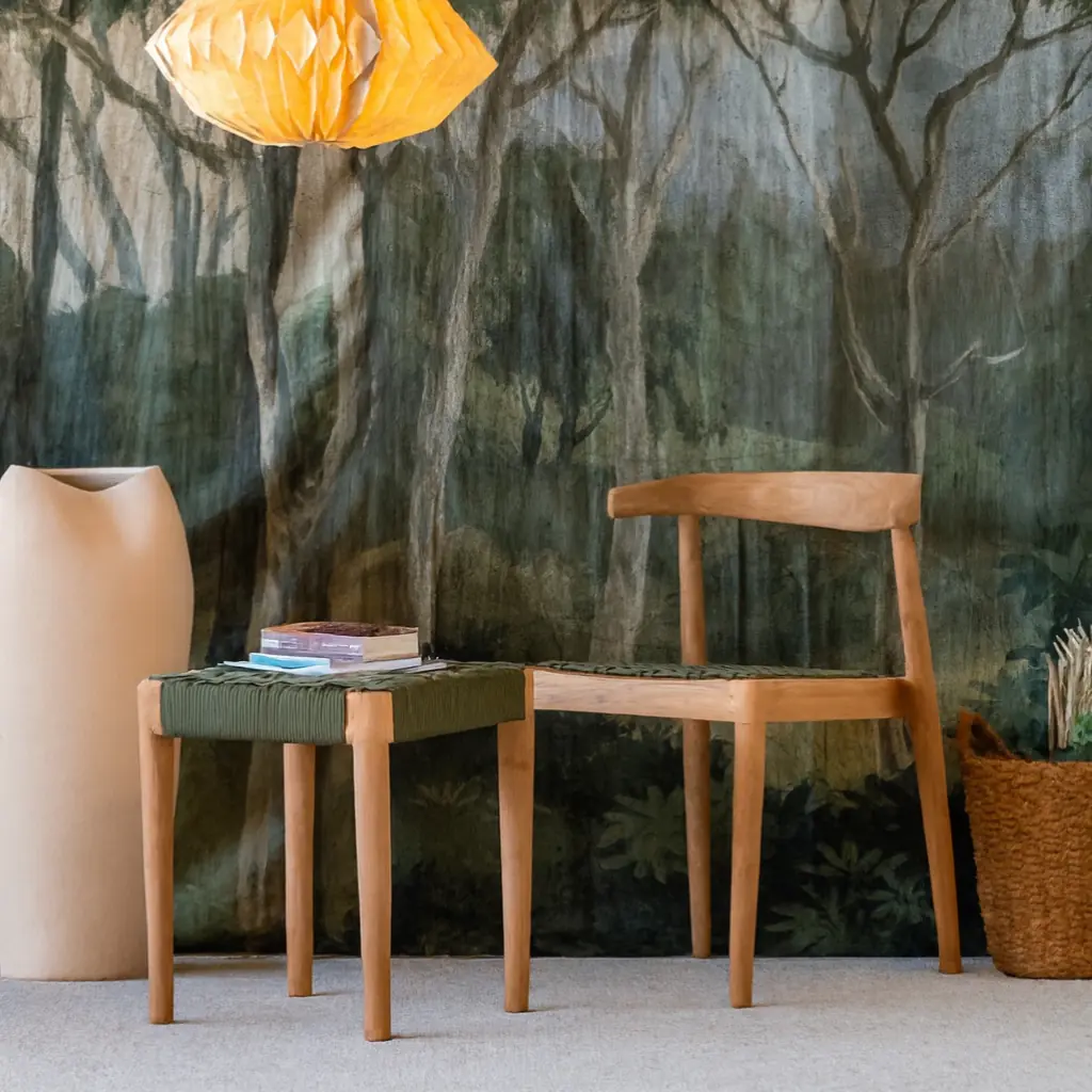 AMBI - tabouret vert en corde synthétique et bois de teck