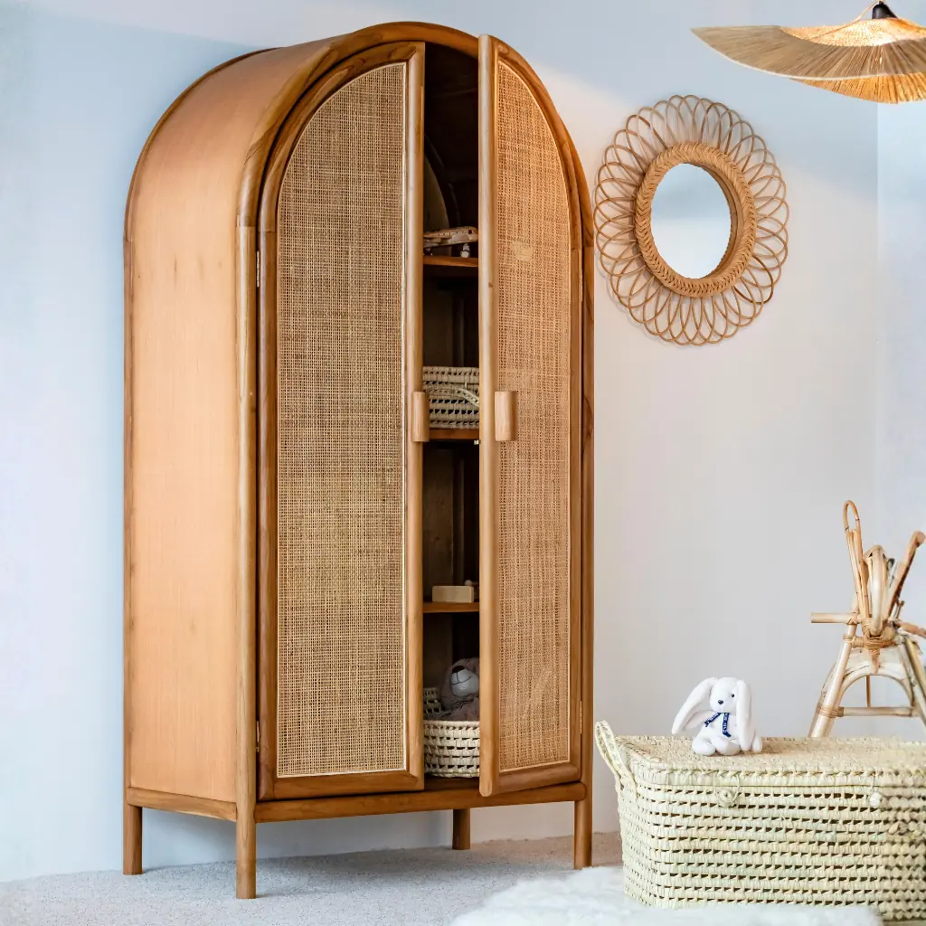 BOUMA - Armoire arrondie en cannage et bois de manguier  L90cmP50cmH180cm