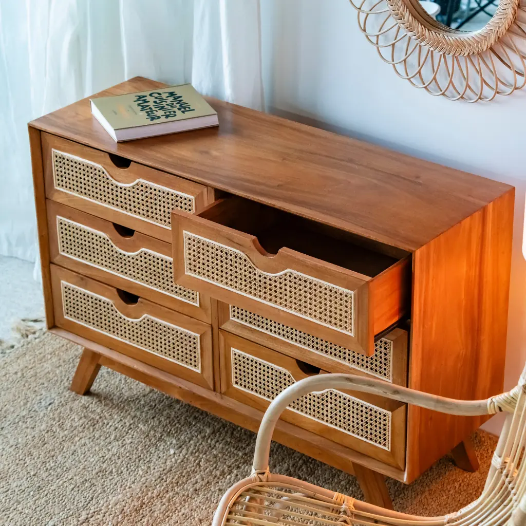 SAVANA - Buffet de rangement avec 6 tiroirs en bois et cannage