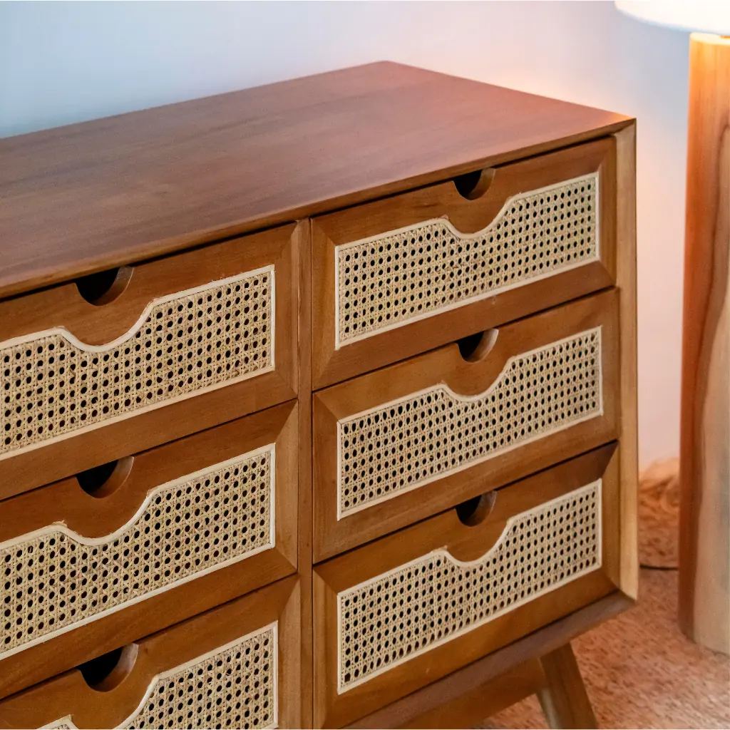 SAVANA - Buffet de rangement avec 6 tiroirs en bois et cannage