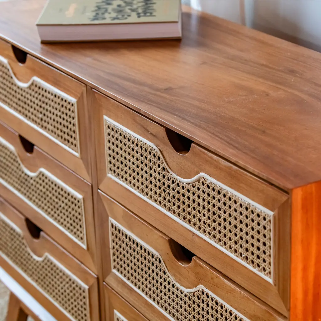 SAVANA - Buffet de rangement avec 6 tiroirs en bois et cannage