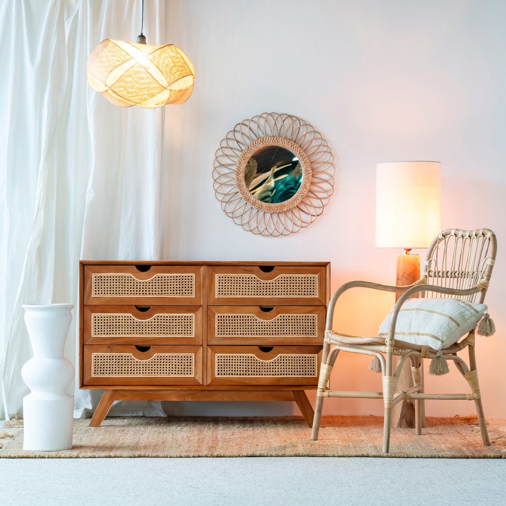 SAVANA - Buffet de rangement avec 6 tiroirs en bois et cannage