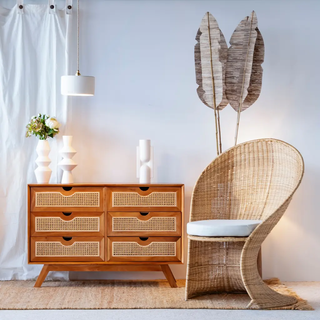 SAVANA - Buffet de rangement avec 6 tiroirs en bois et cannage