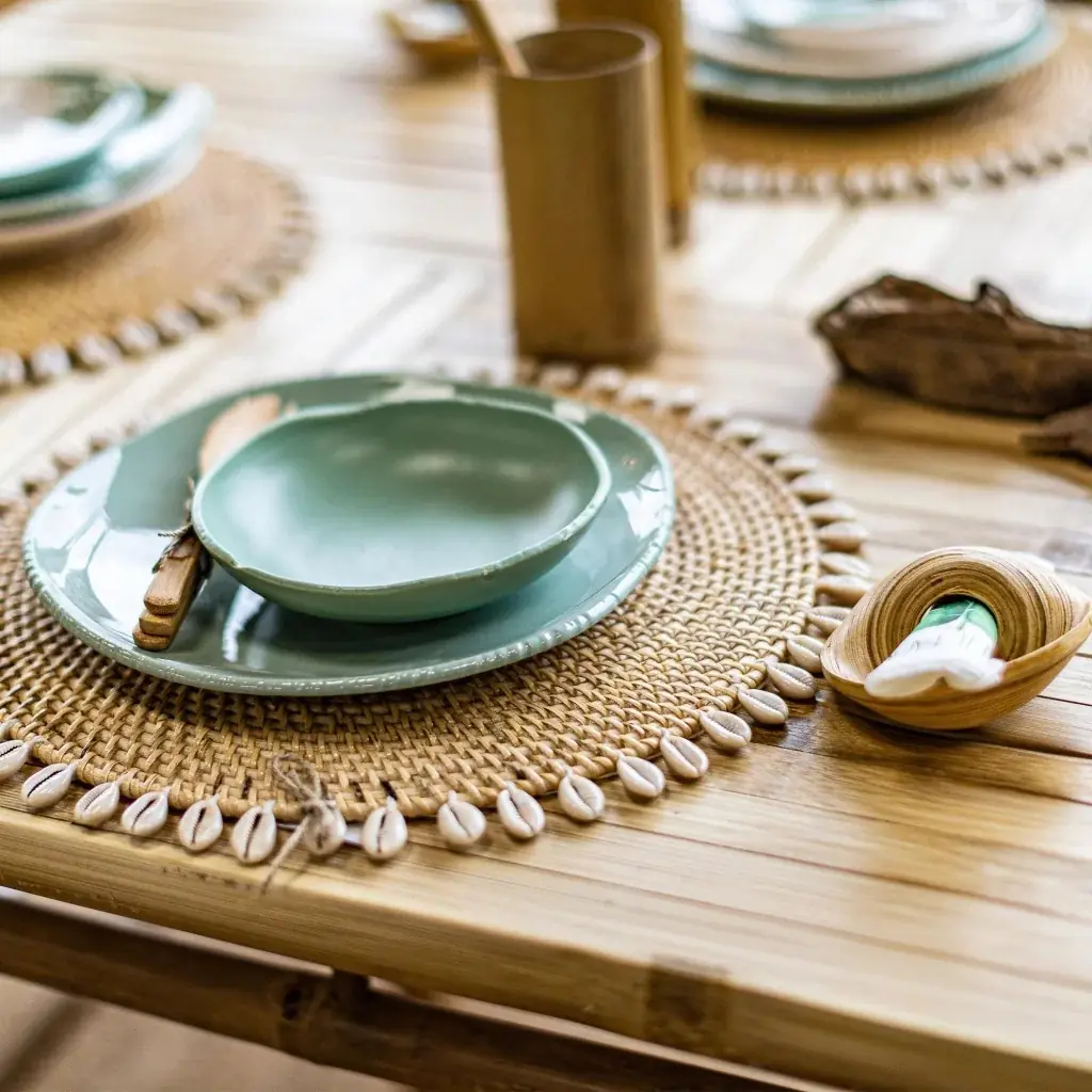 CAURI - Set de table en rotin et coquillage Naturel  D38 ép1cm