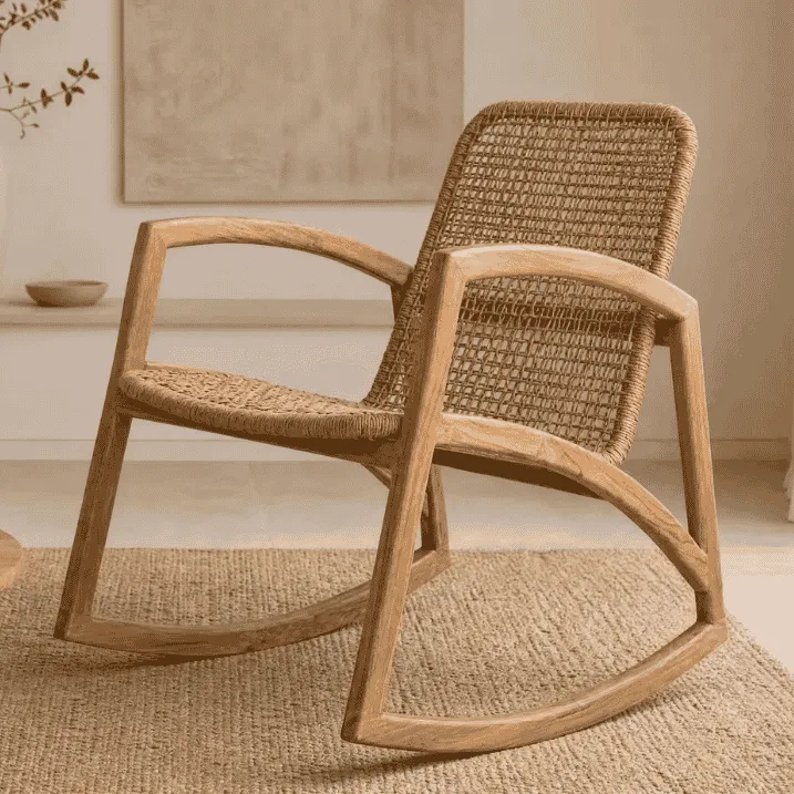 ANNA - Rocking chair en teck et corde synthétique