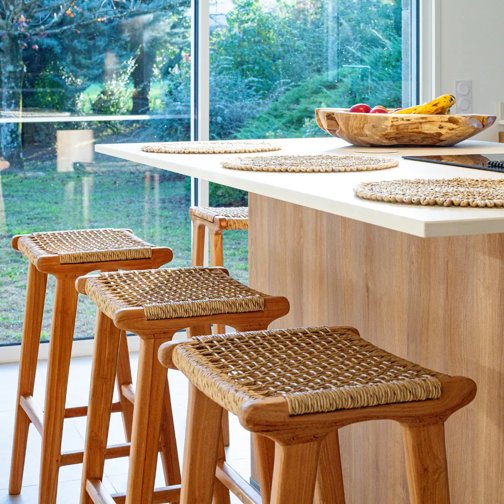 ANDA - Tabouret de bar en teck et corde synthétique L40*l35*H70cm