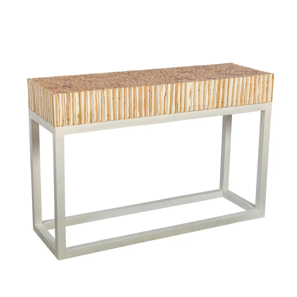 BAZIL - Console en branche de teck et pieds fer blanchi L120*l40*H80