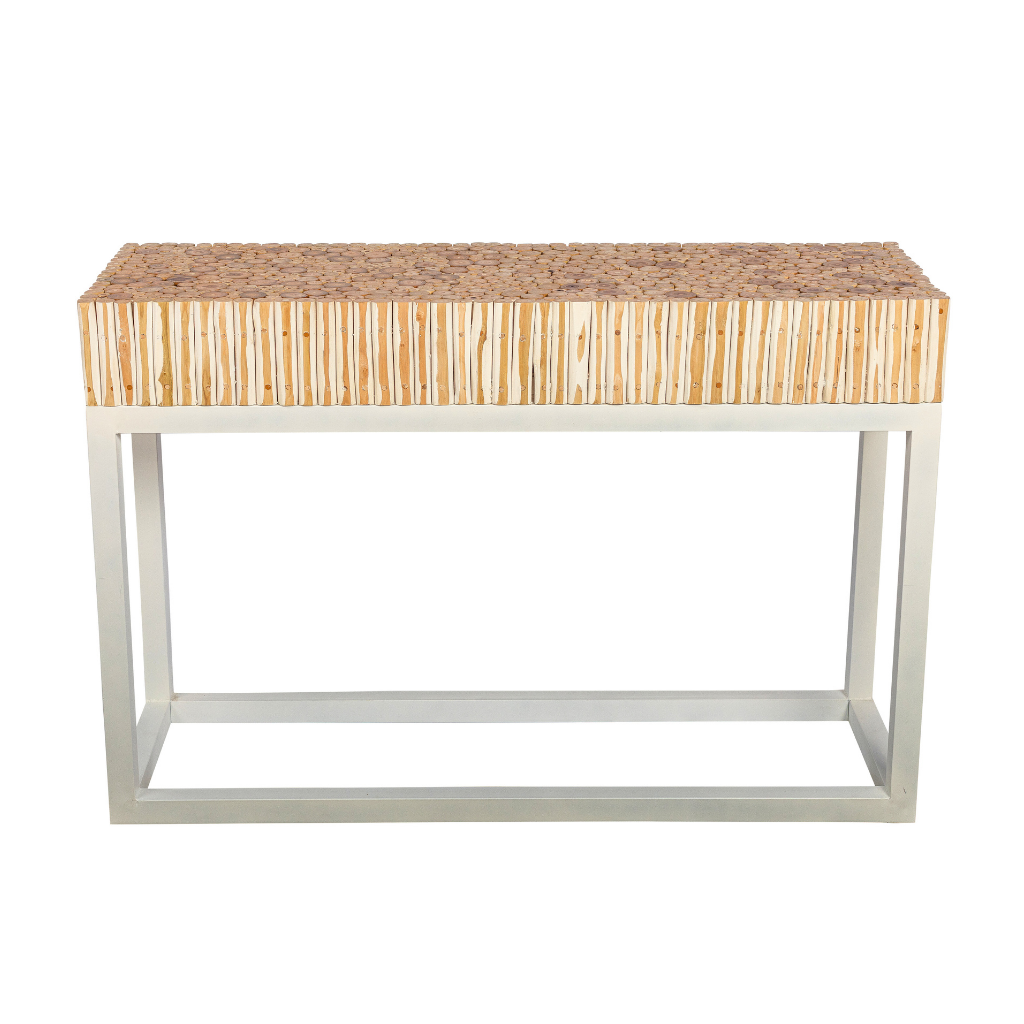 BAZIL - Console en branche de teck et pieds fer blanchi L120*l40*H80