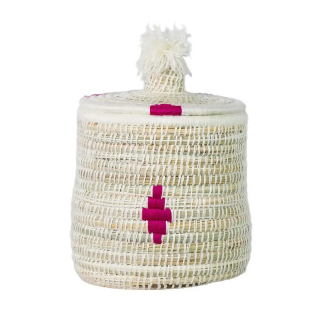 Malou Motif rose - boite berbère en laine et paille de riz D20xh30cm