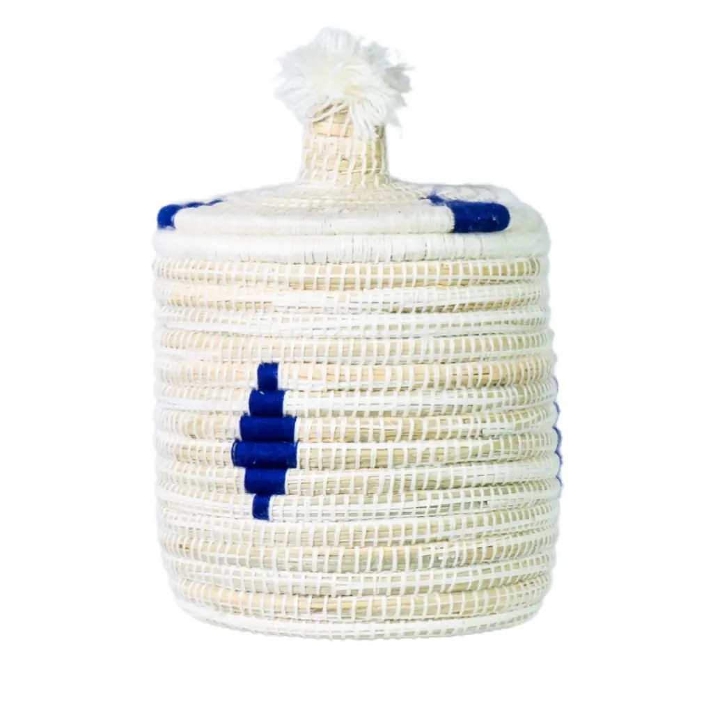 Malou motif bleu - boite berbère en laine et paille de riz D20xh30cm