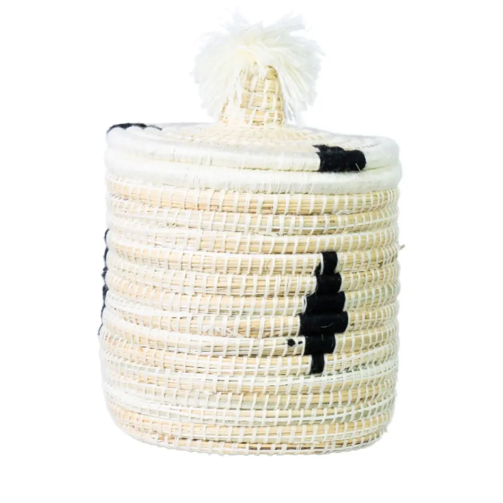 Malou à motif noir - boite berbère en laine et paille de riz D20xh30cm