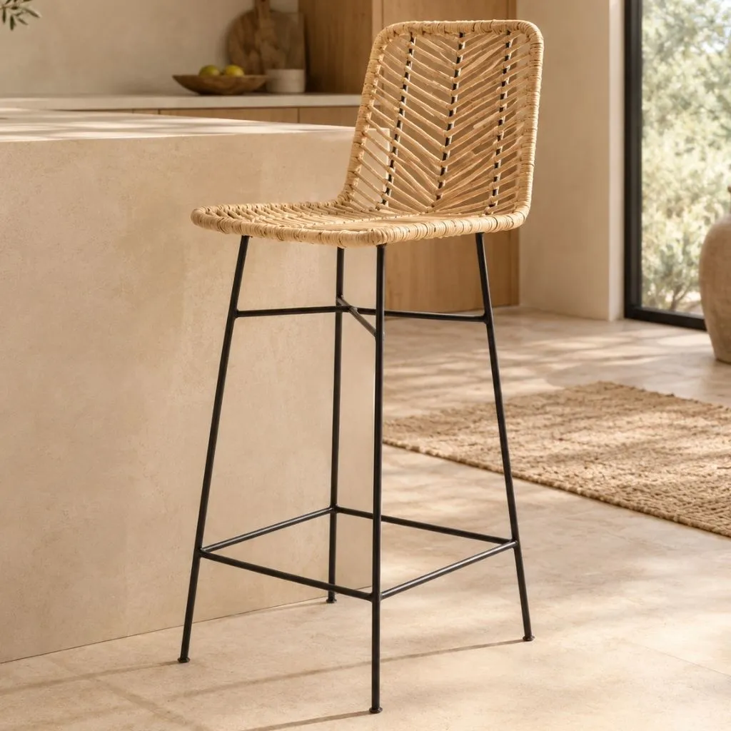 [3760428960177] ATI - Chaise de bar en rotin et métal noir