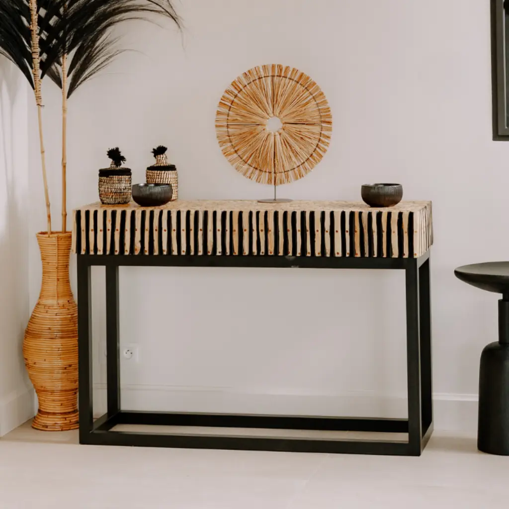 BAZIL - Console en branche teck et pieds en fer - noir
