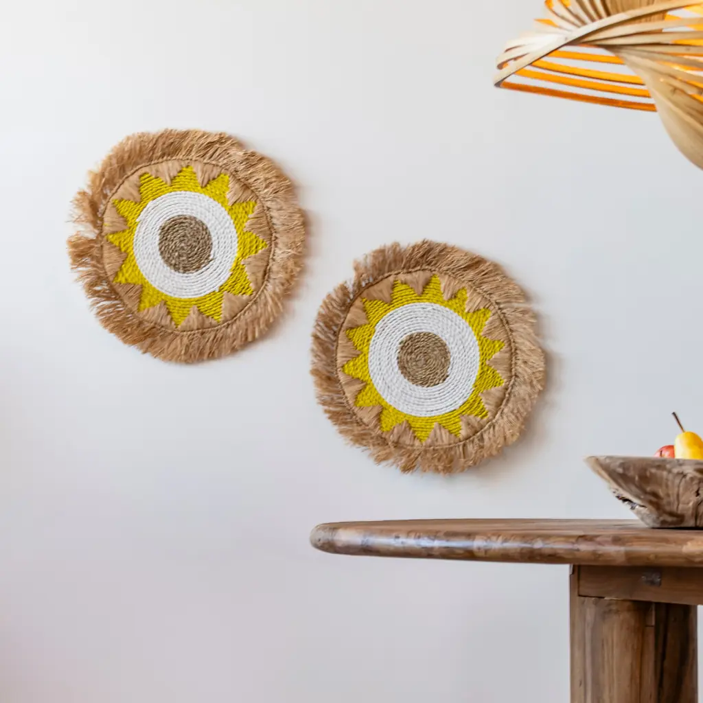 STAR - Déco murale rond étoile raphia naturel et jaune