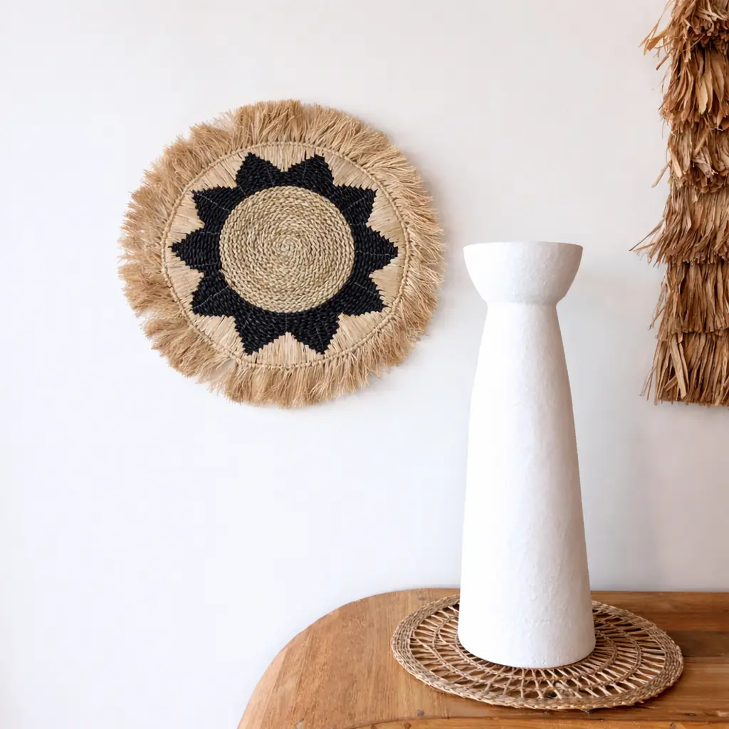 [3760428964106] STAR - Déco murale rond étoile raphia nat & noir