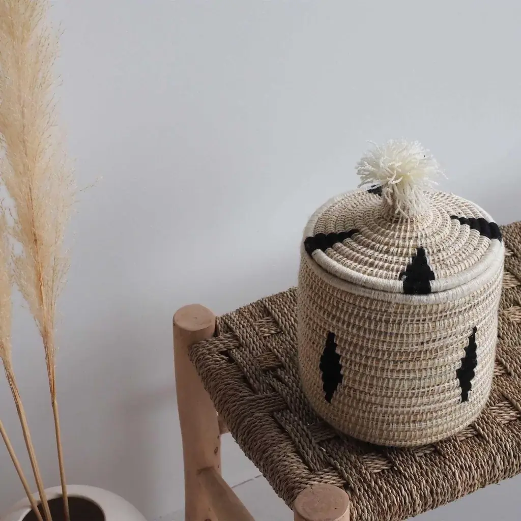 [3760428961921] MALOU - Boîte berbère en laine et osier motif noir