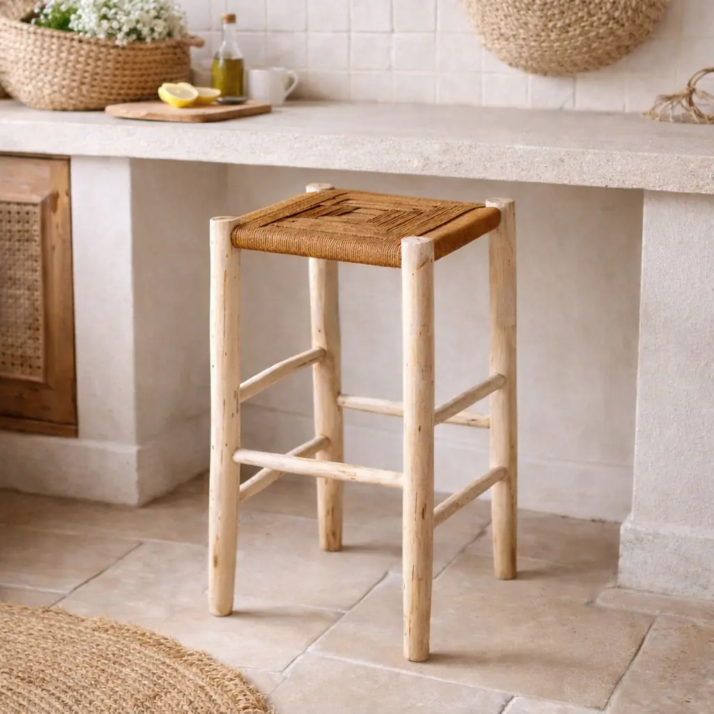 ROUCOU - Tabouret haut en bois d'eucalyptus et corde camel