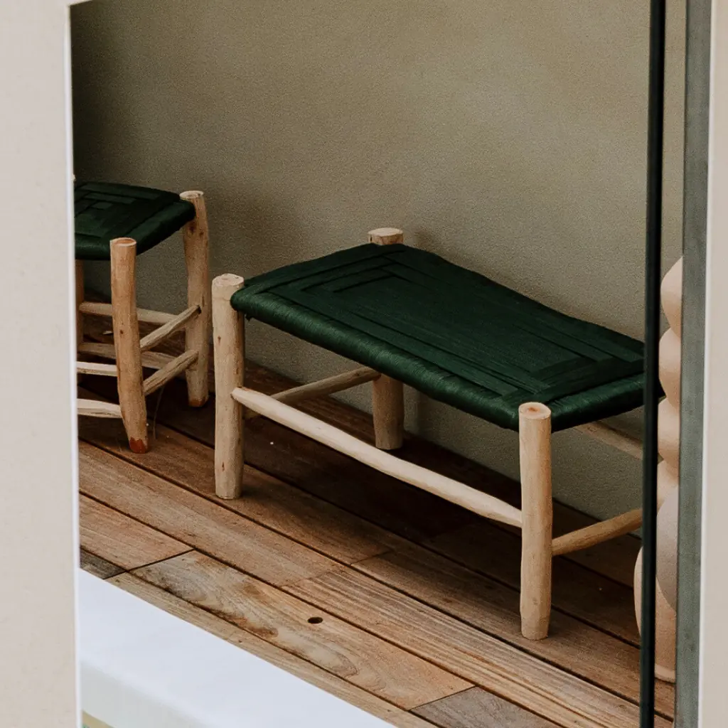 ROUCOU - Grand banc en bois d'eucalyptus et corde synthétique verte