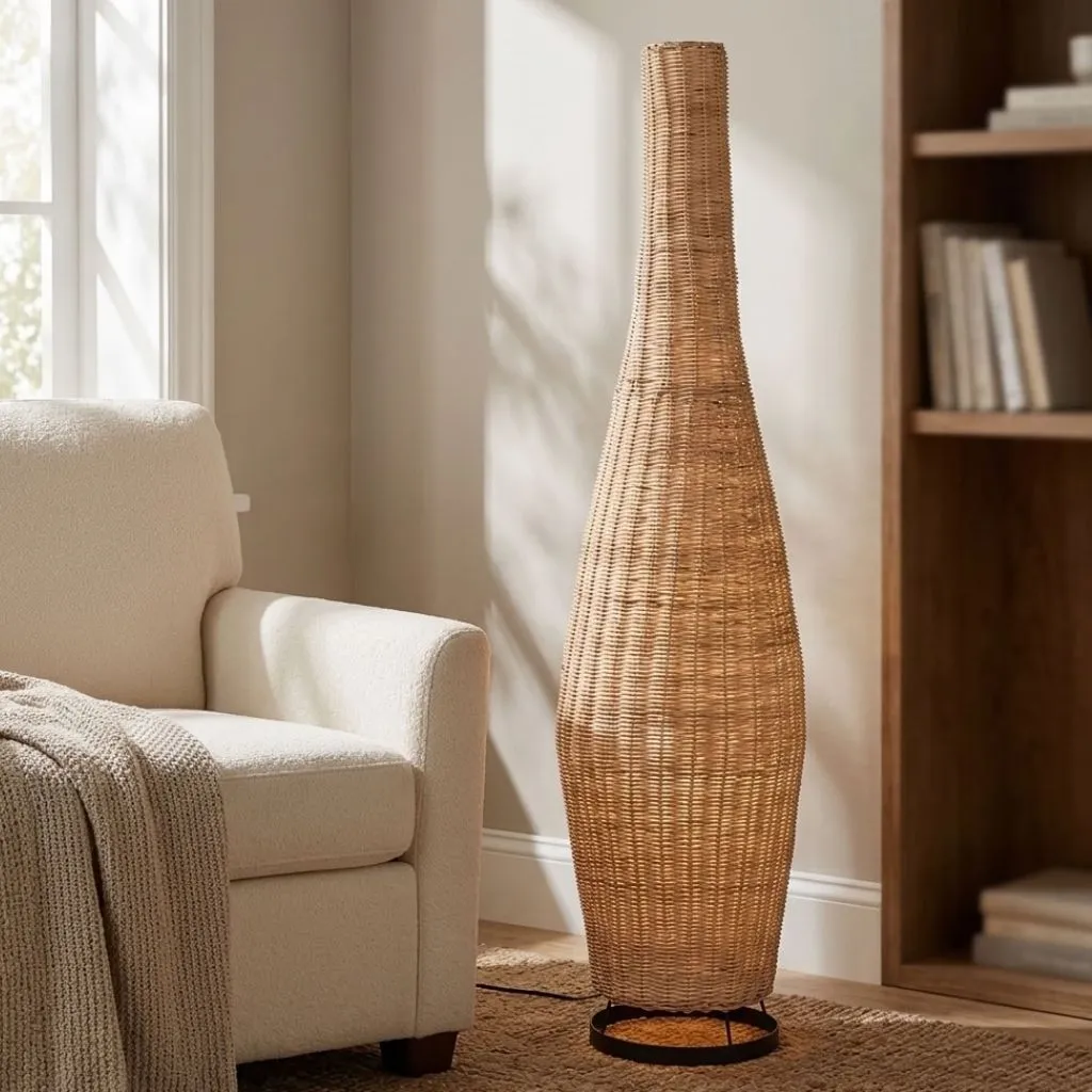 YUDI M - Lampe à poser en rotin et socle en métal noir
