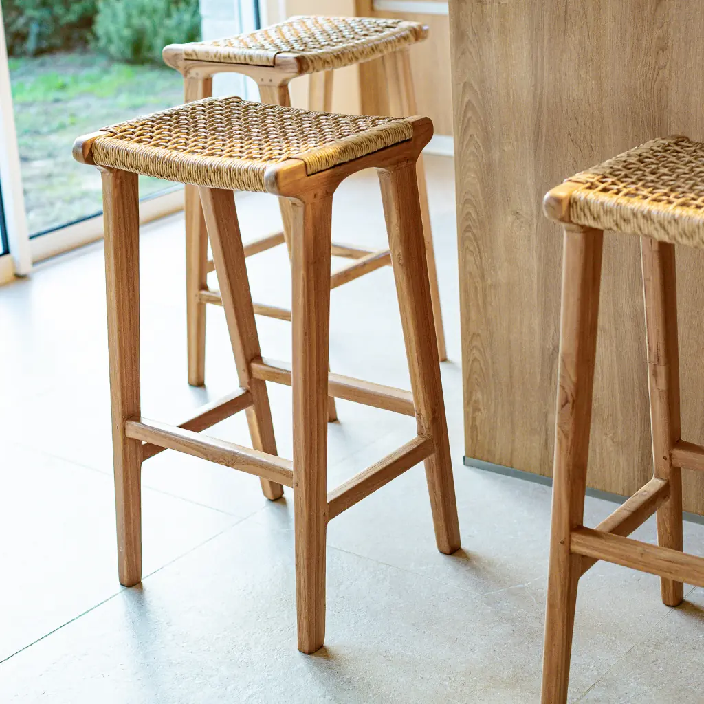 ANDA - Tabouret de bar en teck et corde synthétique