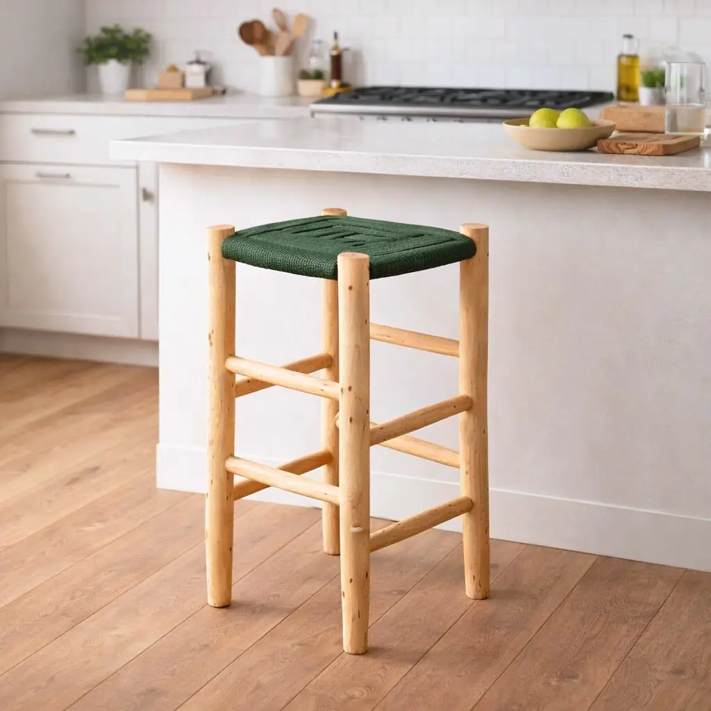 ROUCOU - Tabouret haut en bois d'eucalyptus et corde verte