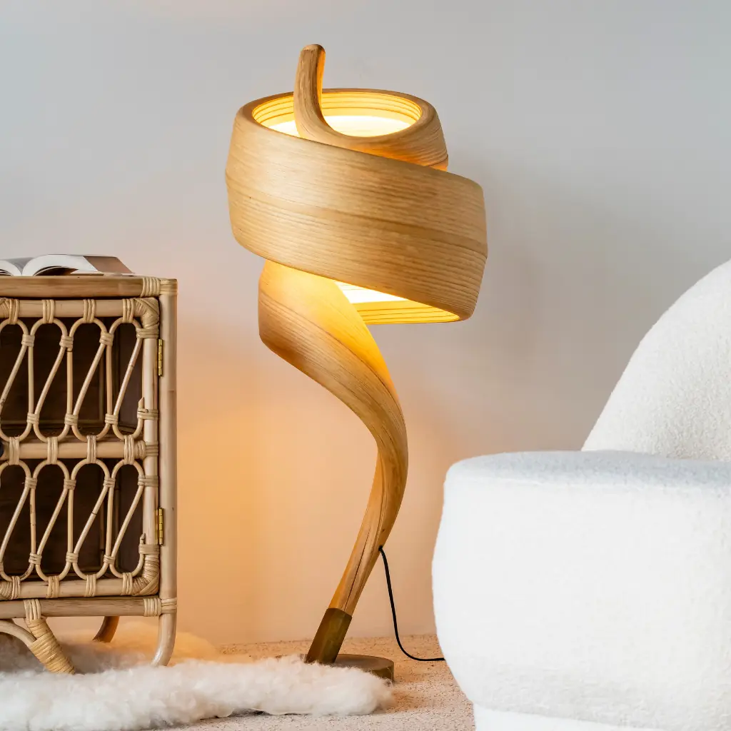 [3760428964960] TULIPE - Lampe à poser en bambou et pied en bronze