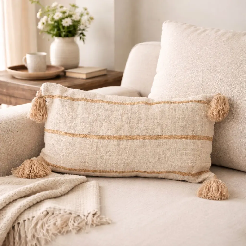 VANILLE - Coussin rectangle beige et rayure