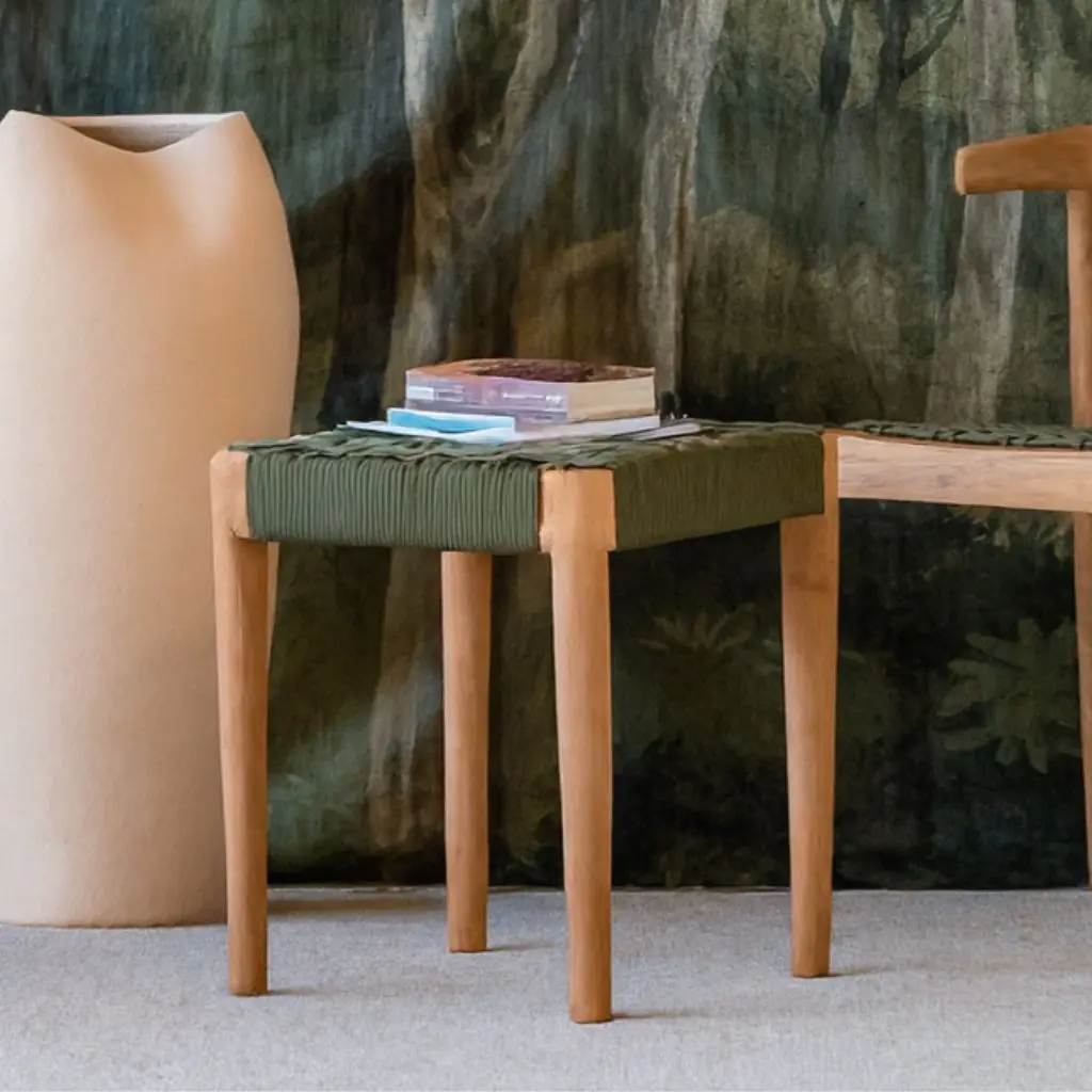 AMBI - Tabouret vert en corde synthétique et bois de teck