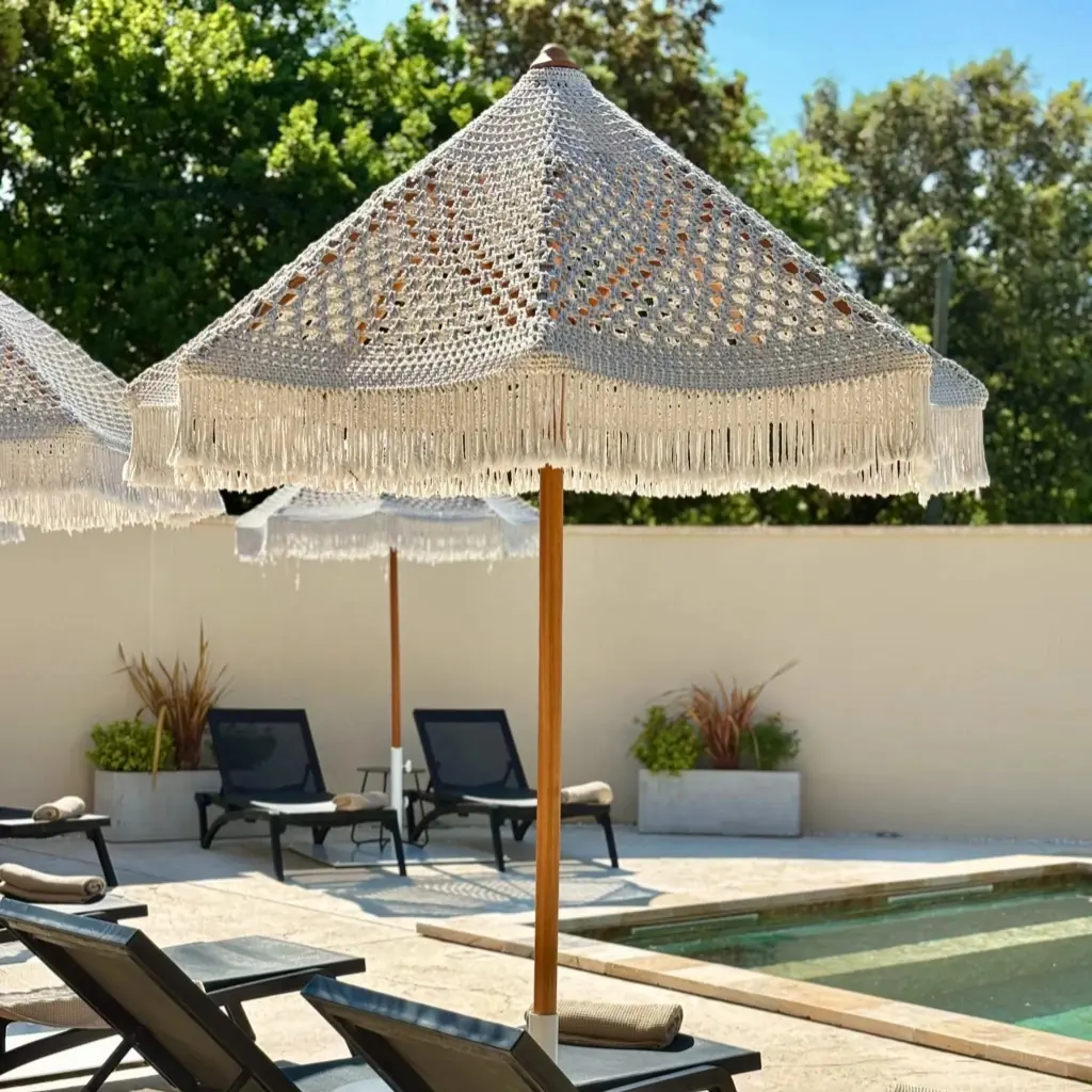 [3760428964281] ALOHA - Parasol blanc macramé avec support en teck