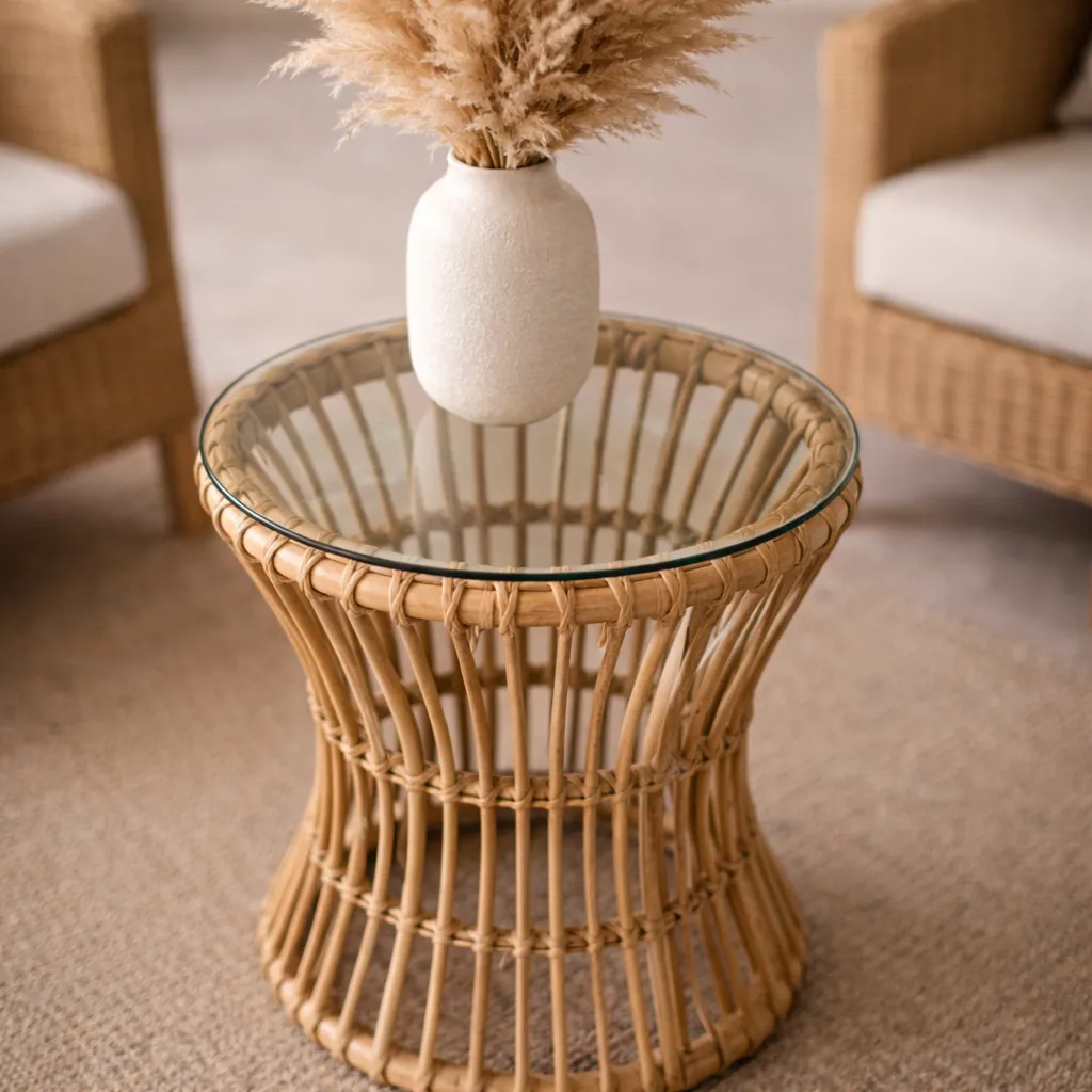 [3760428964519] KAYU - Table basse en rotin avec un plateau en verre
