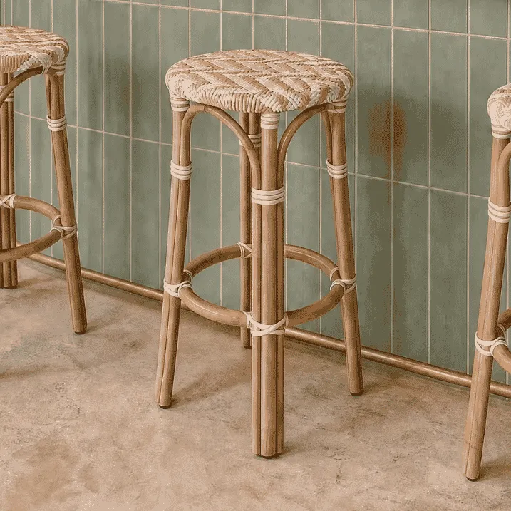 JEANNOT - Tabouret de bar blanc en rotin naturel et rotin synthétique